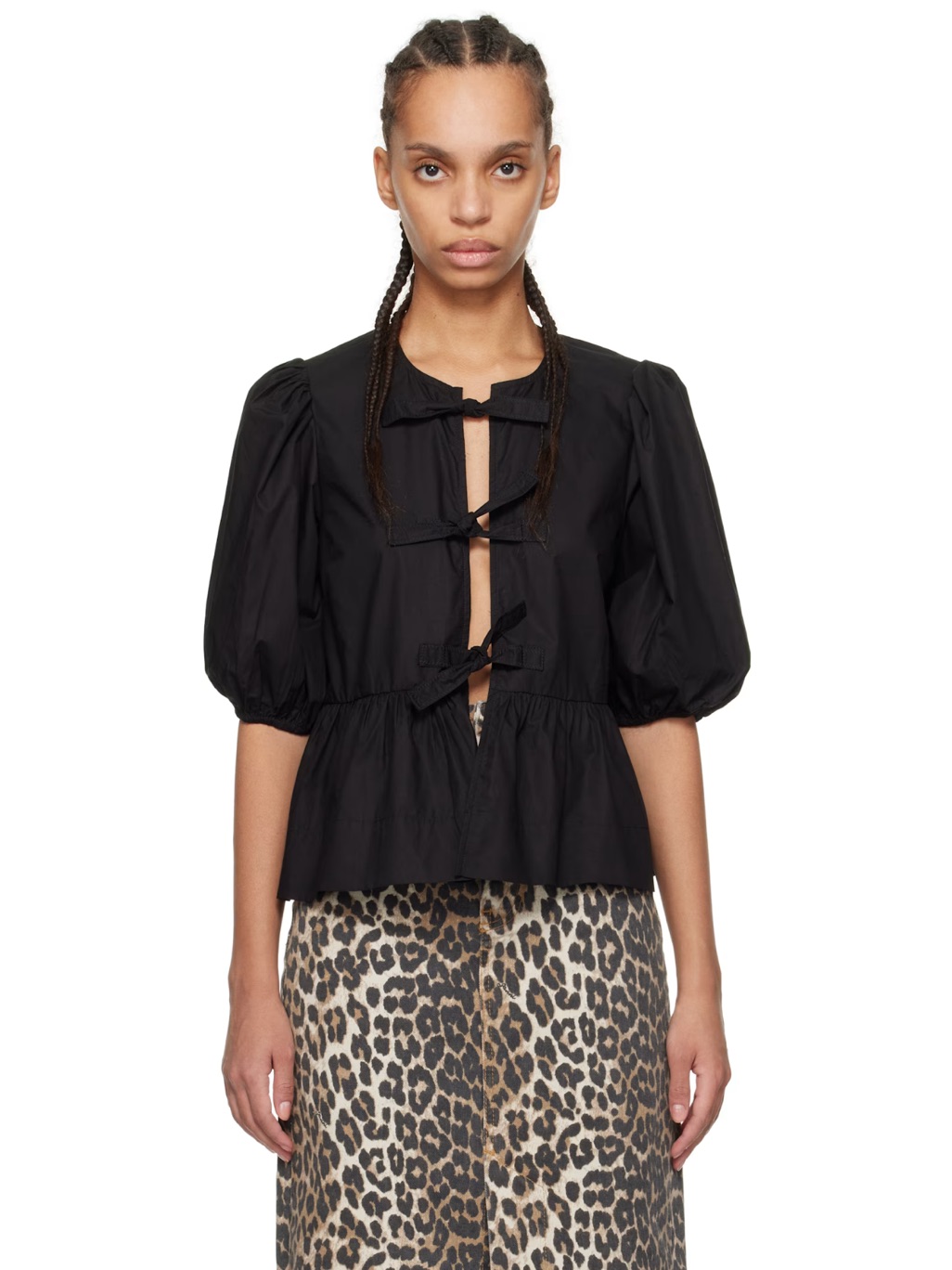 Ganni Black Cotton Poplin Peplum Tie Scandinavian Blouse Black Sz 40